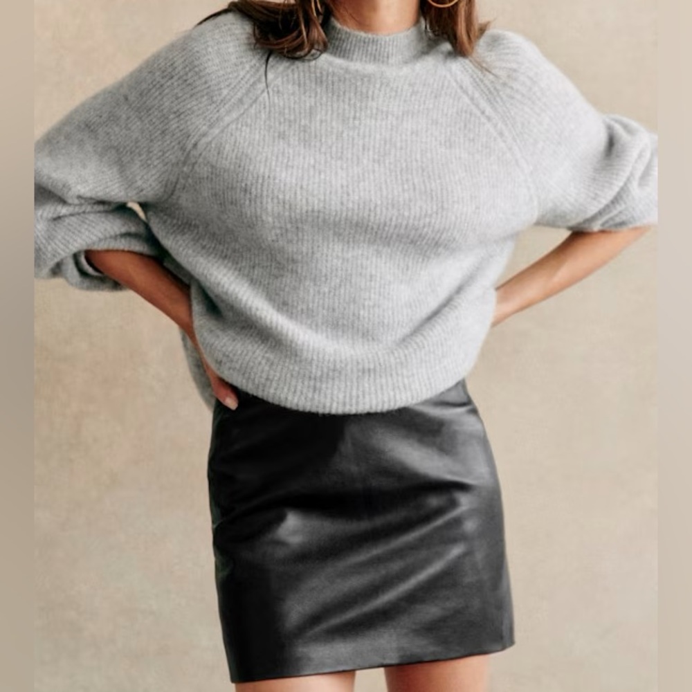 Sezane Harlow Black Soft Lambskin Leather Straight Mini Skirt Size 44 - XXL